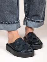 Double Tricot Γυναικεία Δερμάτινα Mules Μαύρα - Image 5