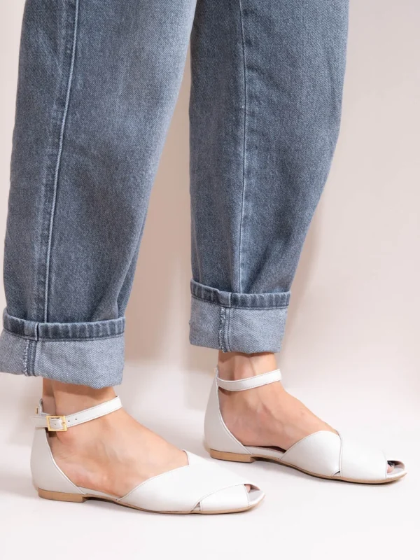 Gaze Γυναικείες Δερμάτινες Μπαλαρίνες Peep Toe Εκρού - Image 2