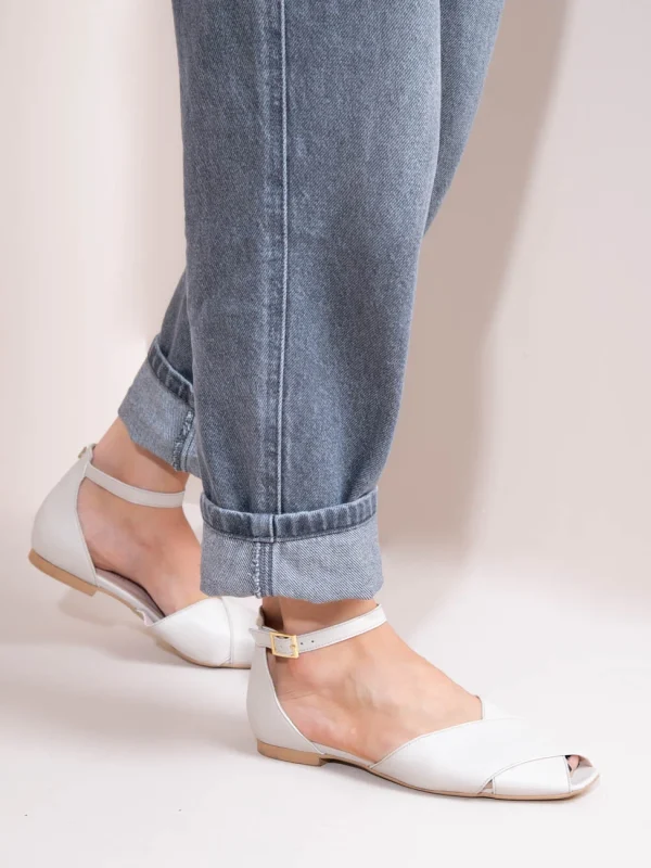 Gaze Γυναικείες Δερμάτινες Μπαλαρίνες Peep Toe Εκρού - Image 4