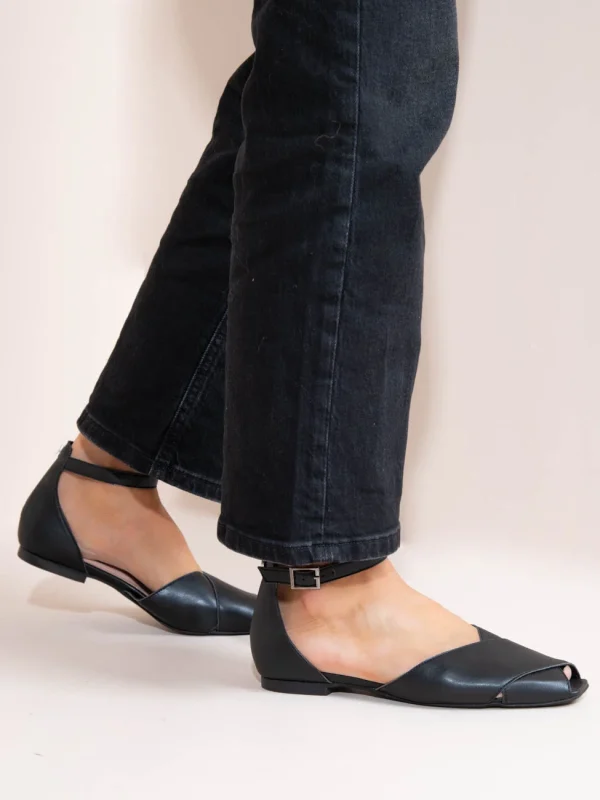 Gaze Noir Γυναικείες Δερμάτινες Μπαλαρίνες Peep Toe Μαύρες - Image 2