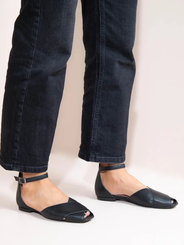 Gaze Noir Γυναικείες Δερμάτινες Μπαλαρίνες Peep Toe Μαύρες - Image 5