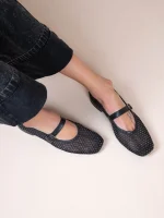 Mariee Strass Noir Γυναικείες Δερμάτινες Μπαλαρίνες Μαύρες Με Στρας