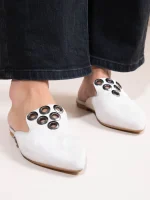 Metal Gray Γυναικεία Δερμάτινα Mules Με Τρουκς