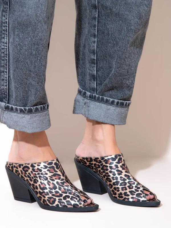 Osier Leo Γυναικεία Δερμάτινα Peep Toe Mules Λεοπάρ - Image 5