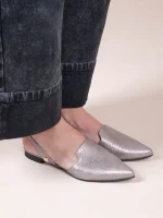 Pontu Metal Γυναικεία Δερμάτινα Mules Γκρι Μεταλλικό
