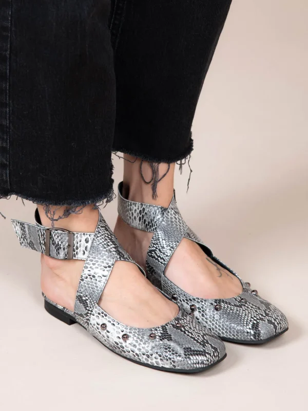 Pouent Snake Gray Γυναικεία Δερμάτινα Mules Γκρι/Λευκό/Μαύρο - Image 4