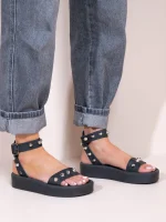 Rock Caree Gris Γυναικεία Δερμάτινα Flatforms Μαύρα Με Τρουκς