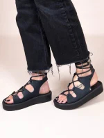Amazona Eleve Noir Γυναικεία Δερμάτινα Flatforms Μαύρα - Image 3