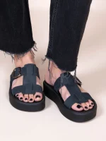 Croix Noir Γυναικεία Δερμάτινα Flatforms Μαύρα