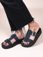 Croix Noir Γυναικεία Δερμάτινα Flatforms Μαύρα - Image 3