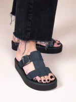 Croix Noir Γυναικεία Δερμάτινα Flatforms Μαύρα - Image 4