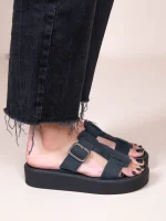 Croix Noir Γυναικεία Δερμάτινα Flatforms Μαύρα - Image 5