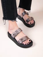 Fois Metal Γυναικεία Δερμάτινα Flatforms Ασημί - Image 2