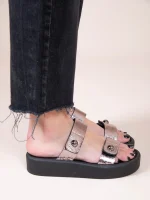 Fois Metal Γυναικεία Δερμάτινα Flatforms Ασημί - Image 3