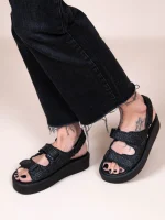 Jane Noir Γυναικεία Δερμάτινα Flatforms Μαύρα