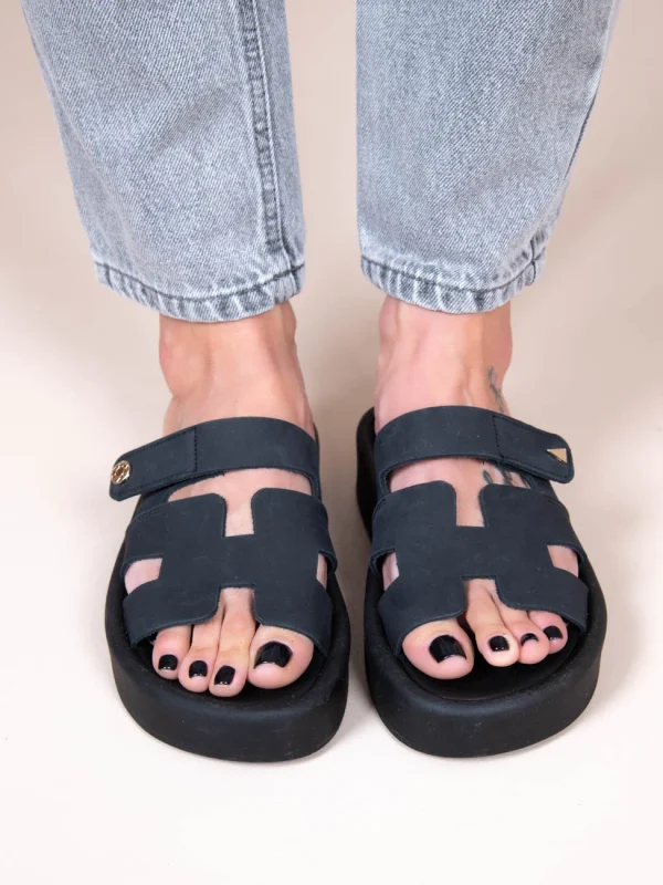 Phoenix Eleve Noir Γυναικεία Δερμάτινα Flatforms Μαύρα - Image 2