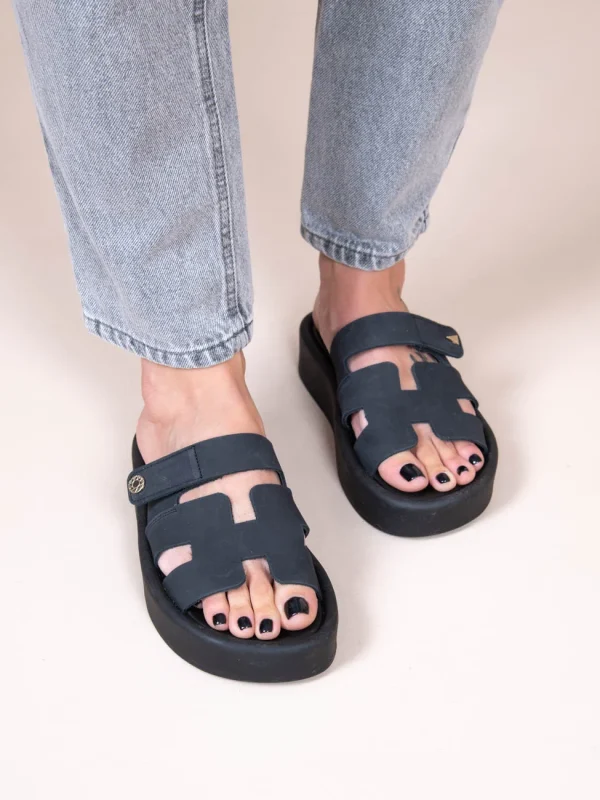 Phoenix Eleve Noir Γυναικεία Δερμάτινα Flatforms Μαύρα - Image 3