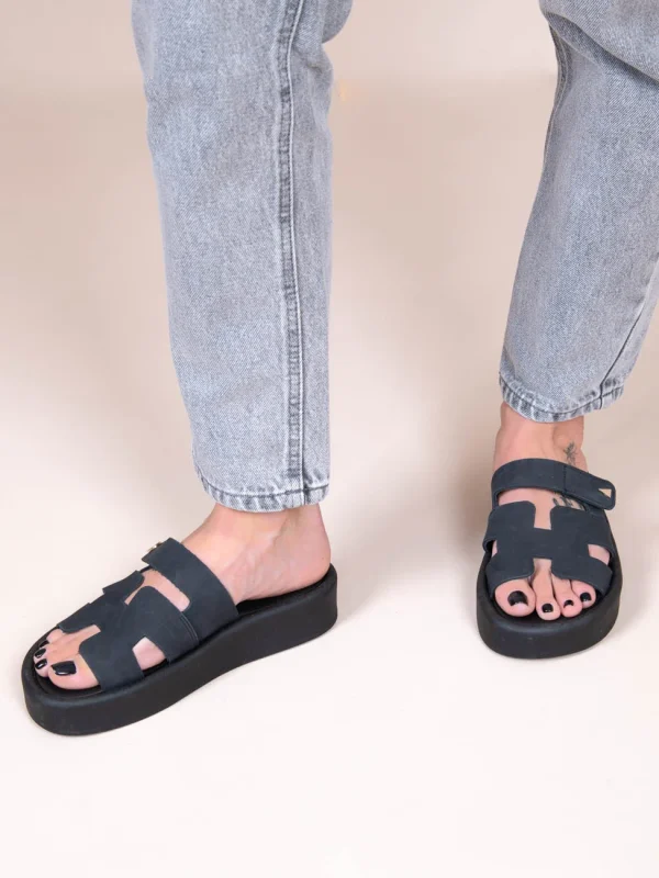 Phoenix Eleve Noir Γυναικεία Δερμάτινα Flatforms Μαύρα - Image 5