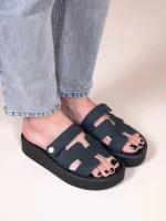 Phoenix Eleve Noir Γυναικεία Δερμάτινα Flatforms Μαύρα - Image 6