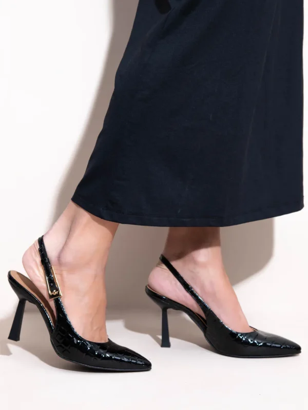 Sylvie Noir Γυναικείες Δερμάτινες Γόβες Open Heel Μαύρες - Image 4